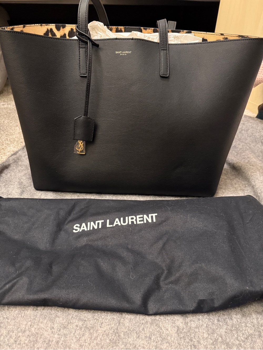Saint Laurent Black Leather Tote Bag with Gold YSL Logo Charm and Leopard Inner